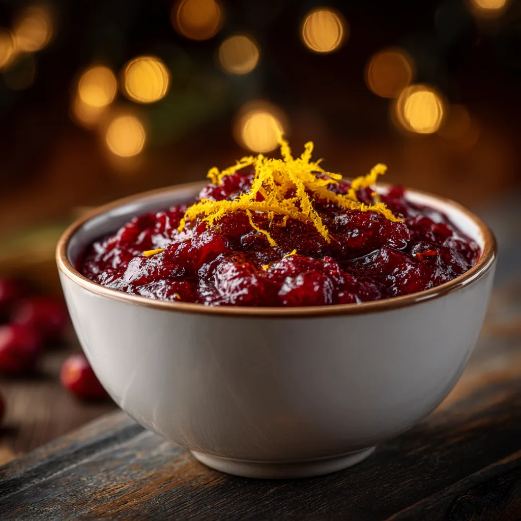 Cranberry Orange Sauce – Classic Thanksgiving Side Cranberry orange sauce in a ceramic bowl garnished with orange zest, warm holiday lighting.