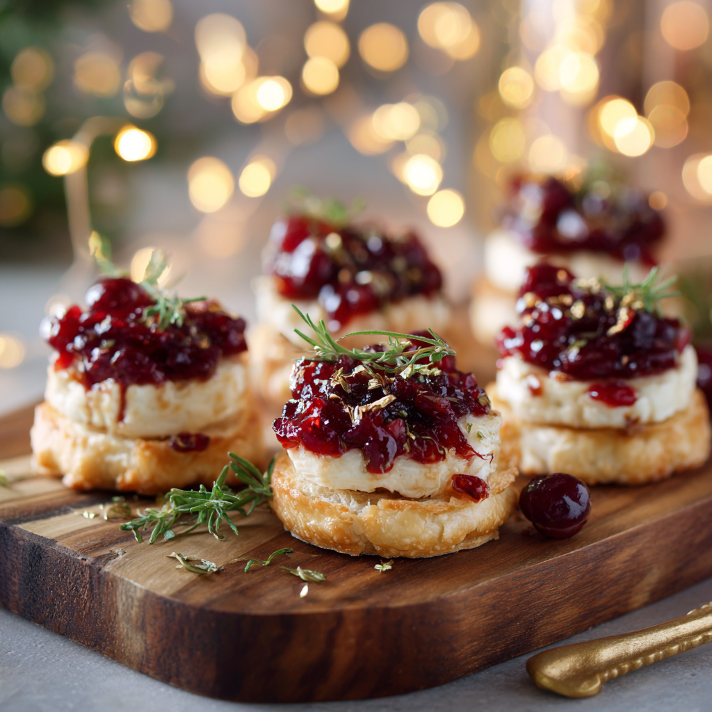 Cranberry Brie Bites christmas appetizers served on a wooden board with rosemary and festive lights