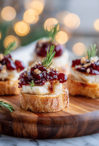 Cranberry Brie Bites christmas appetizers served on a wooden board with rosemary and festive lights