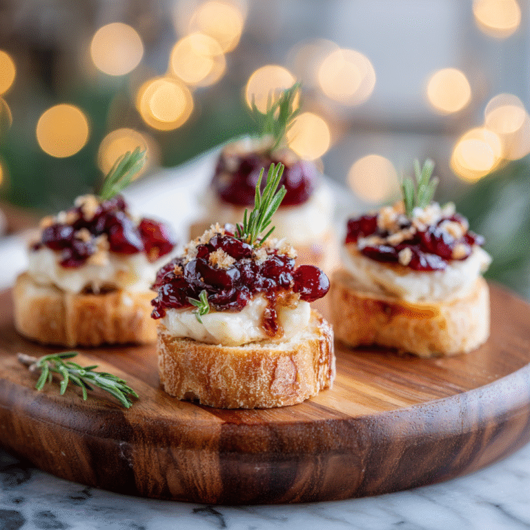 Cranberry Brie Bites christmas appetizers served on a wooden board with rosemary and festive lights