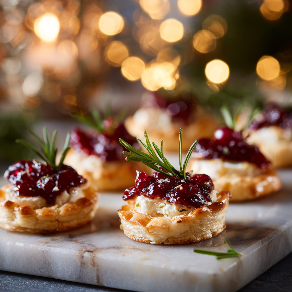 Cranberry Brie Bites christmas appetizers served on a wooden board with rosemary and festive lights