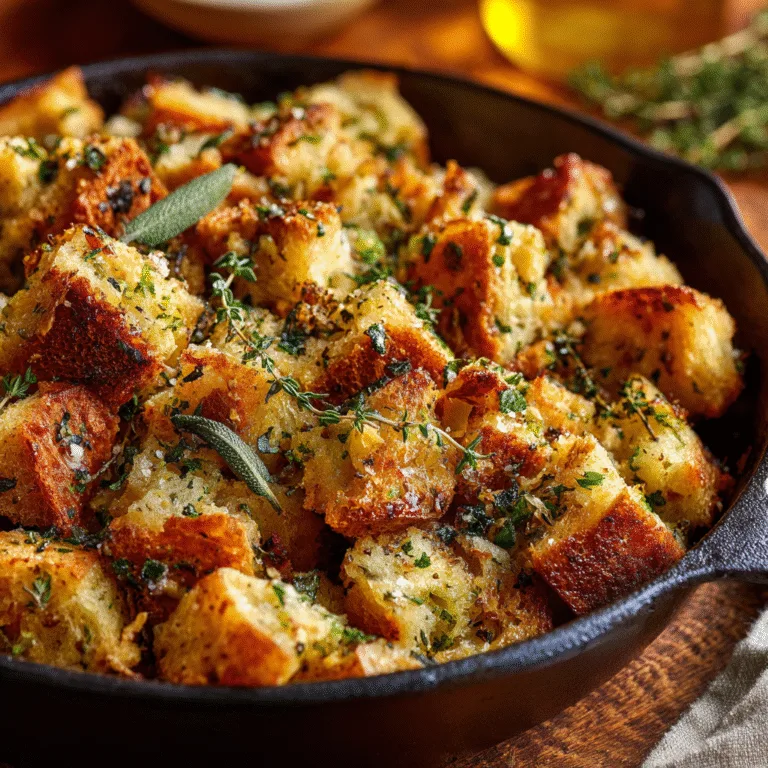 One-Pot Savory Herb Stuffing : Skillet of golden herb stuffing with toasted bread cubes and fresh herbs, warm holiday lighting.