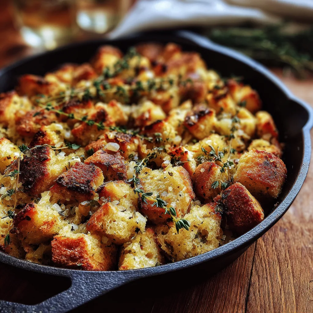 One-Pot Savory Herb Stuffing : Skillet of golden herb stuffing with toasted bread cubes and fresh herbs, warm holiday lighting.