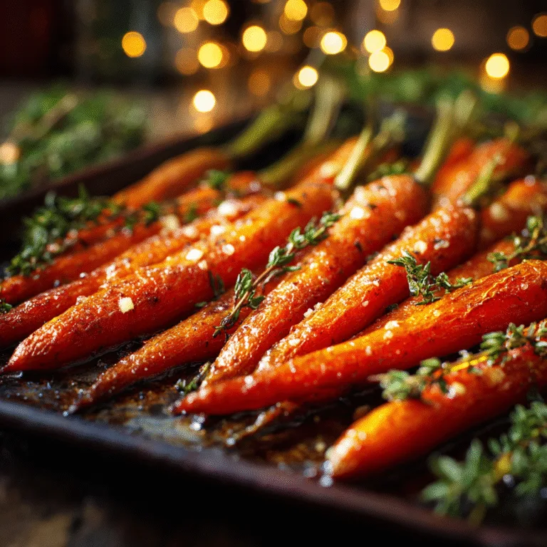 honey glazed roasted carrots recipe: Roasted carrots coated with honey glaze and herbs on a baking tray, warm golden light.