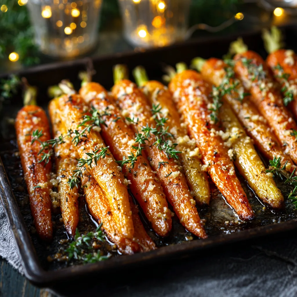 roasted_carrots_glazed_F1 Roasted carrots coated with honey glaze and herbs on a baking tray, warm golden light