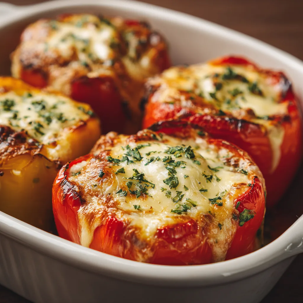 Cheesy Stuffed Bell Peppers: Close-up of cheesy stuffed bell peppers filled with rice and beef, topped with melted mozzarella and parsley, served on a white plate.