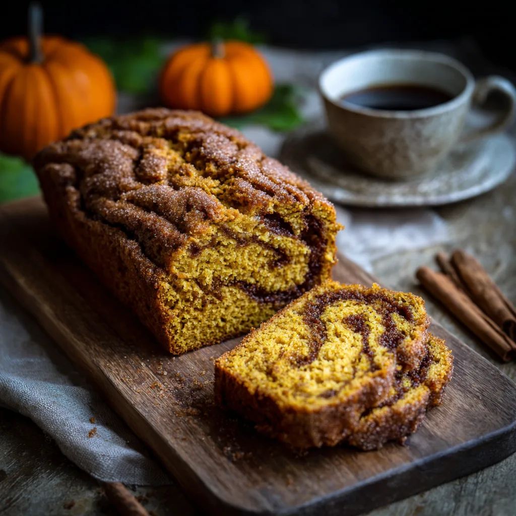 pumpkin Bread with Cinnamon Swirl – Cozy Fall Baking Recipe Pumpkin bread with a sweet cinnamon swirl sliced on a wooden board, warm fall lighting.