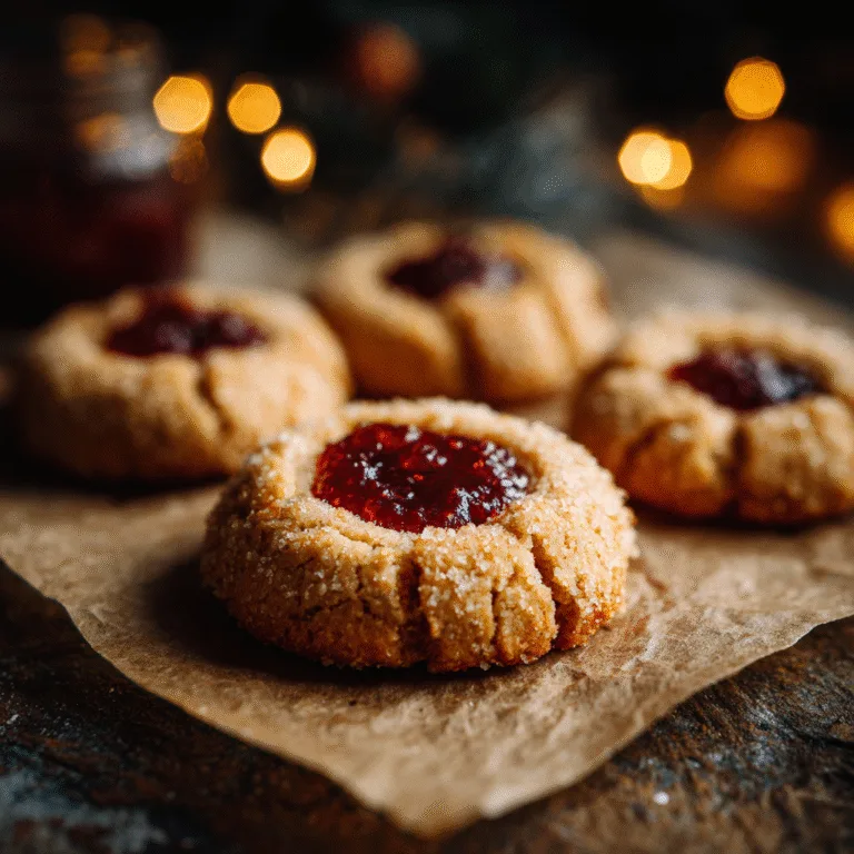 Honey almond thumbprint cookies with raspberry jam filling on parchment paper, warm cozy lighting