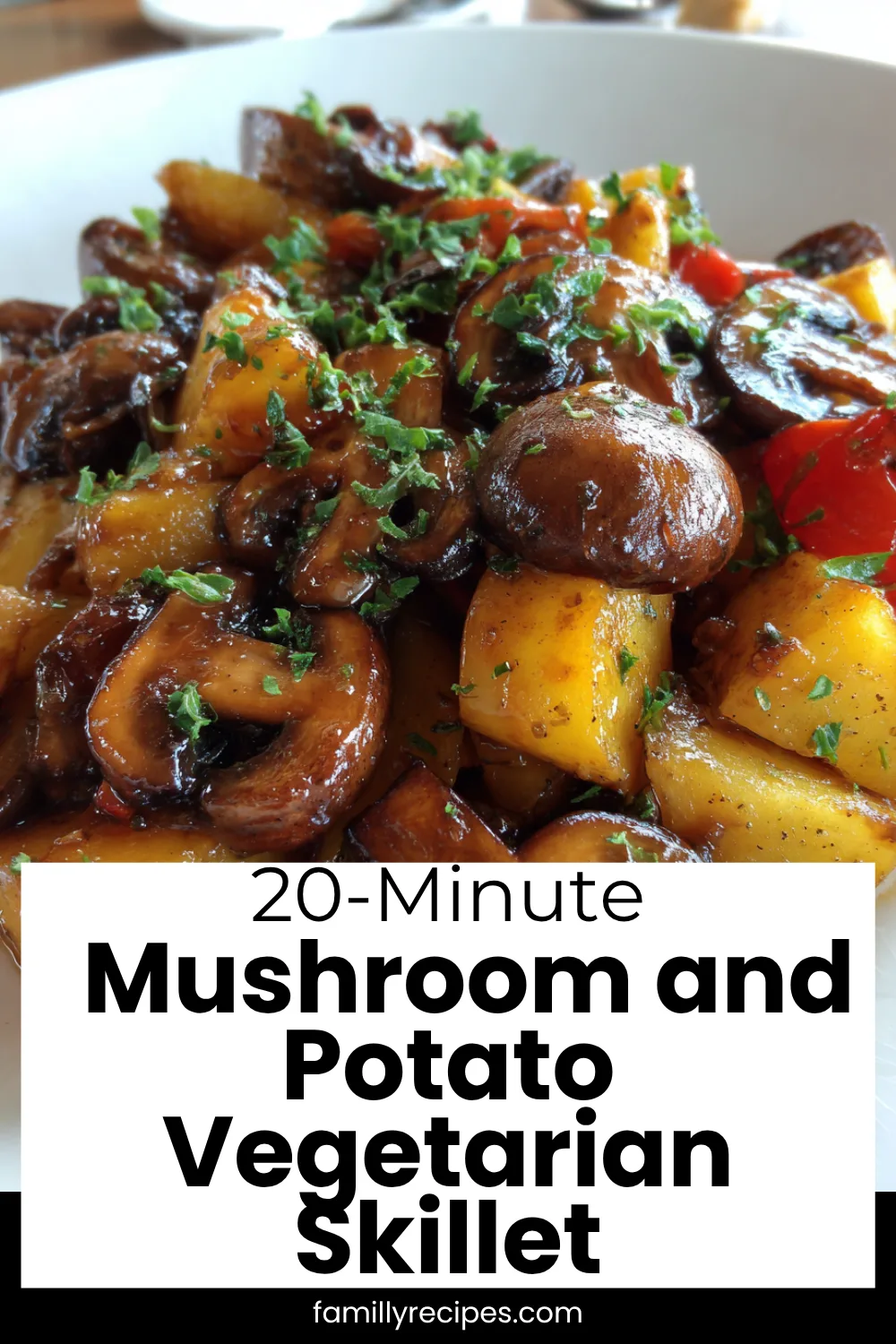 Mushroom and potato vegetarian skillet, one-pot 20-minute dinner, macro food photo