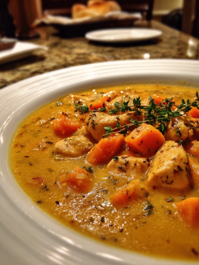 One-pot creamy chicken and sweet potato soup garnished with fresh herbs