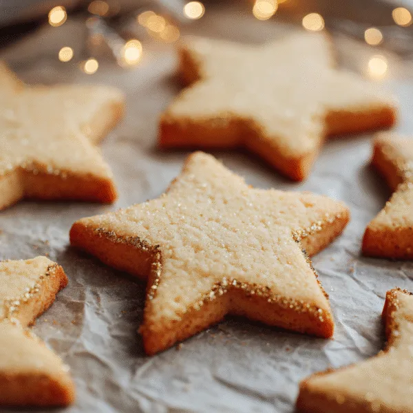 Almond flour sugar cookies shaped as stars on parchment paper.