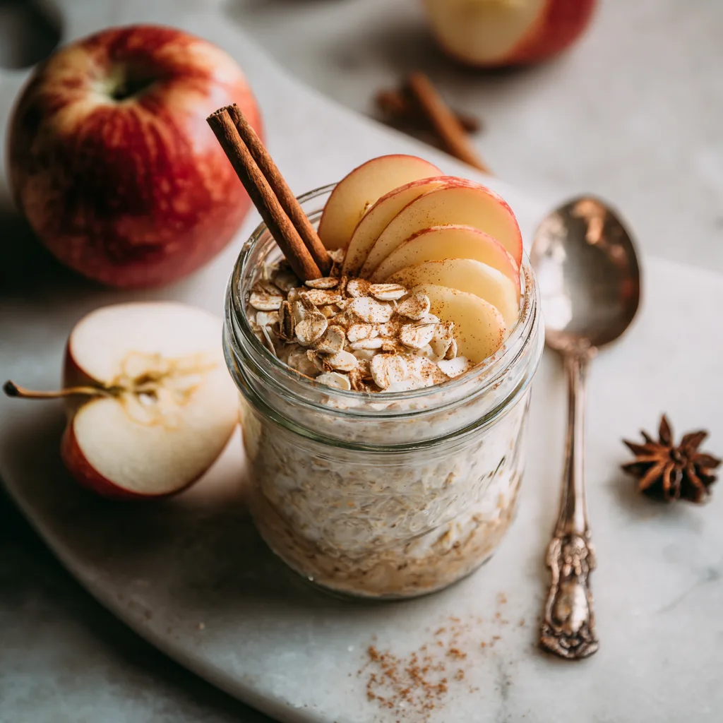 Apple cinnamon overnight oats in a mason jar with apple slices and cinnamon.