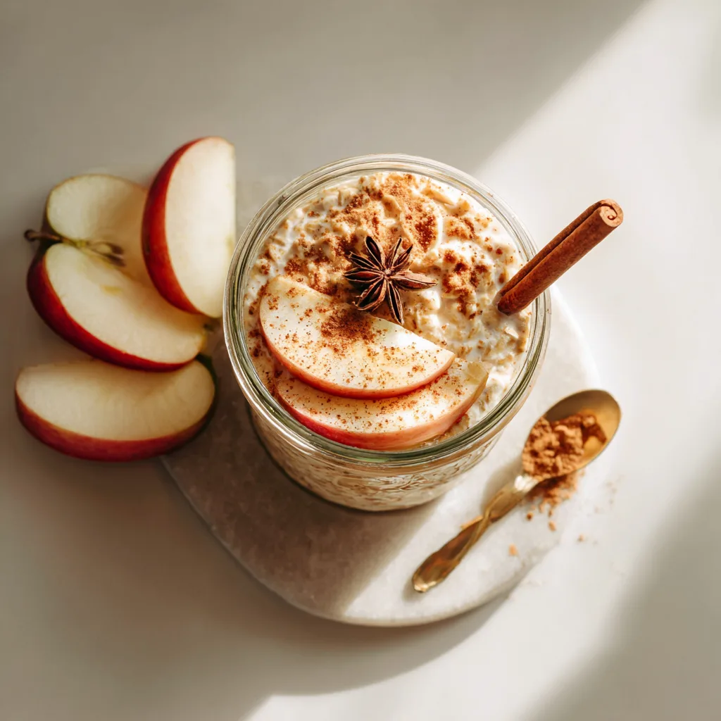 Apple cinnamon overnight oats in a mason jar with apple slices and cinnamon.