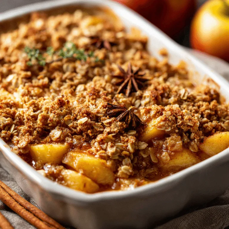 Baked apple crisp with oatmeal topping in a white baking dish.