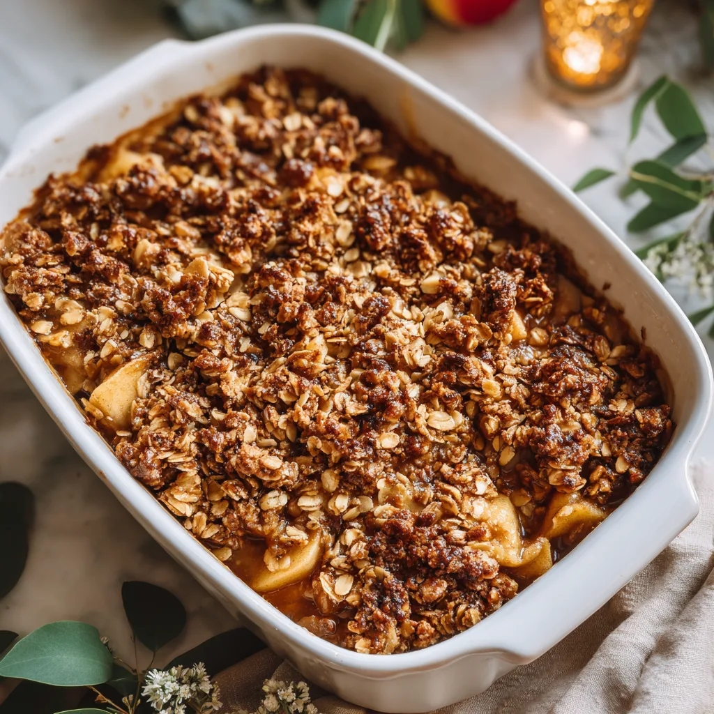 Baked apple crisp with oatmeal topping in a white baking dish.