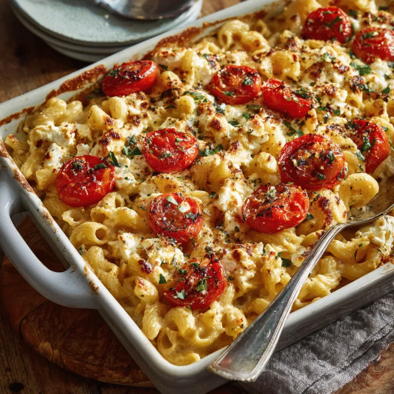 Creamy baked feta pasta with cherry tomatoes and basil in a ceramic baking dish on a dinner table.