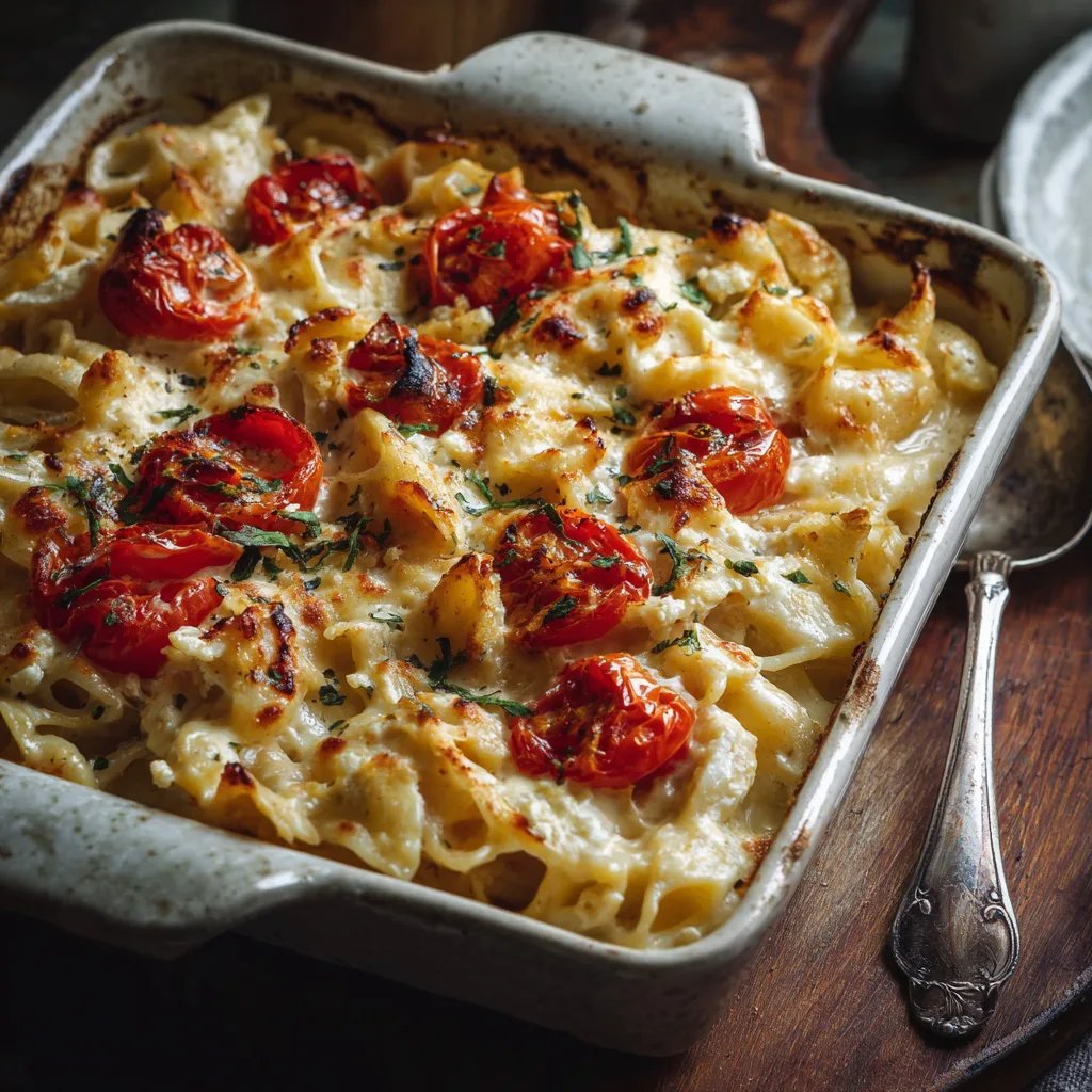 Creamy baked feta pasta with cherry tomatoes and basil in a ceramic baking dish on a dinner table.