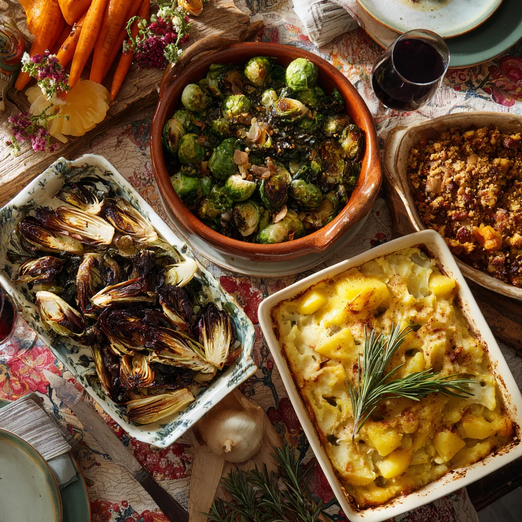 Best Seasonal and Holiday Sides (1) Seasonal and Holiday Sides including roasted vegetables and casseroles on a festive table
