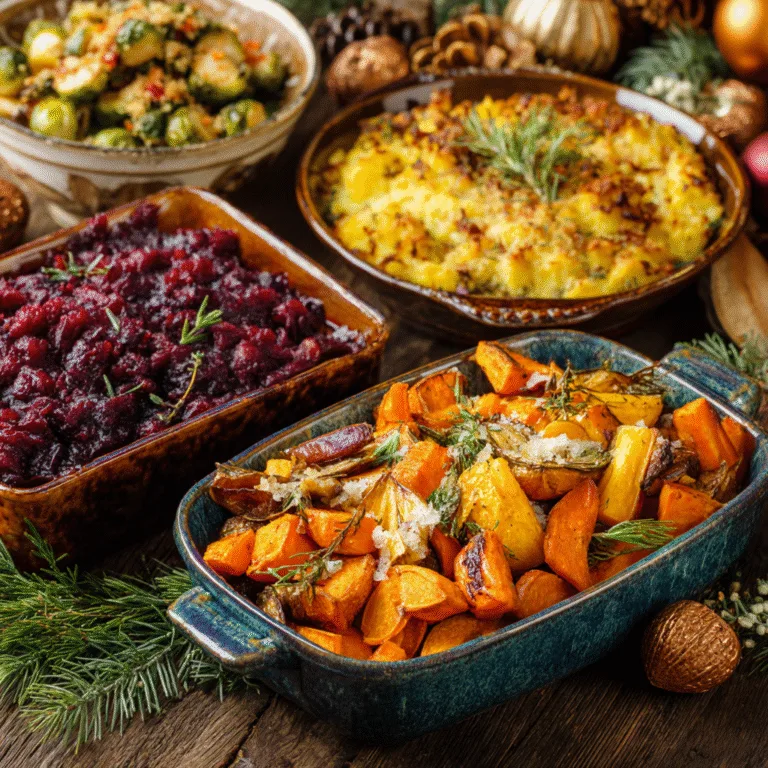 Seasonal and Holiday Sides including roasted vegetables and casseroles on a festive table