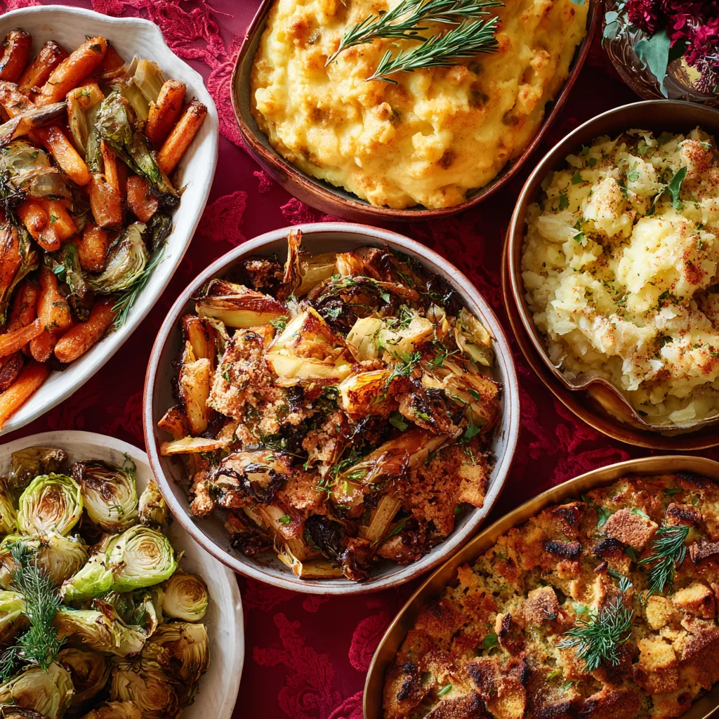 Best Seasonal and Holiday Sides (4) Seasonal and Holiday Sides including roasted vegetables and casseroles on a festive table