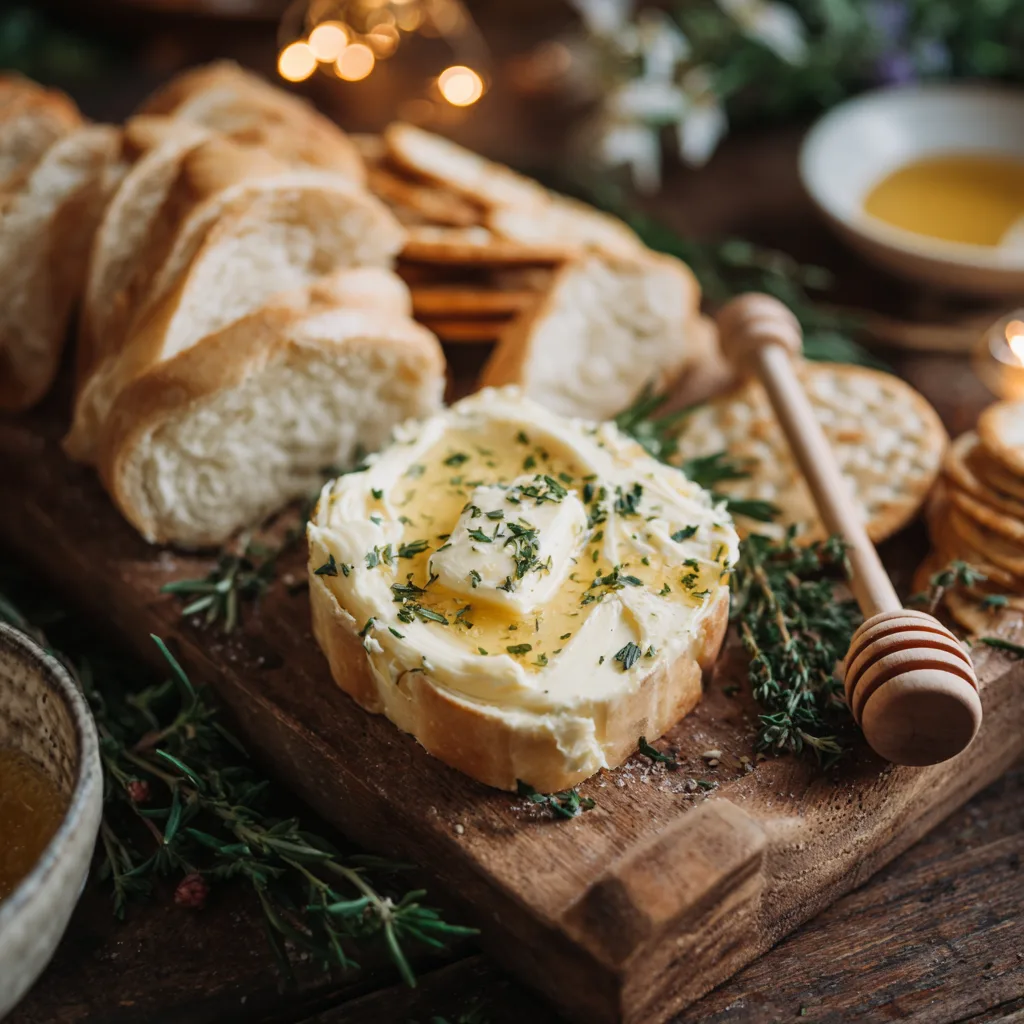Butter board with softened butter, herbs, and honey served with sliced bread for dipping.