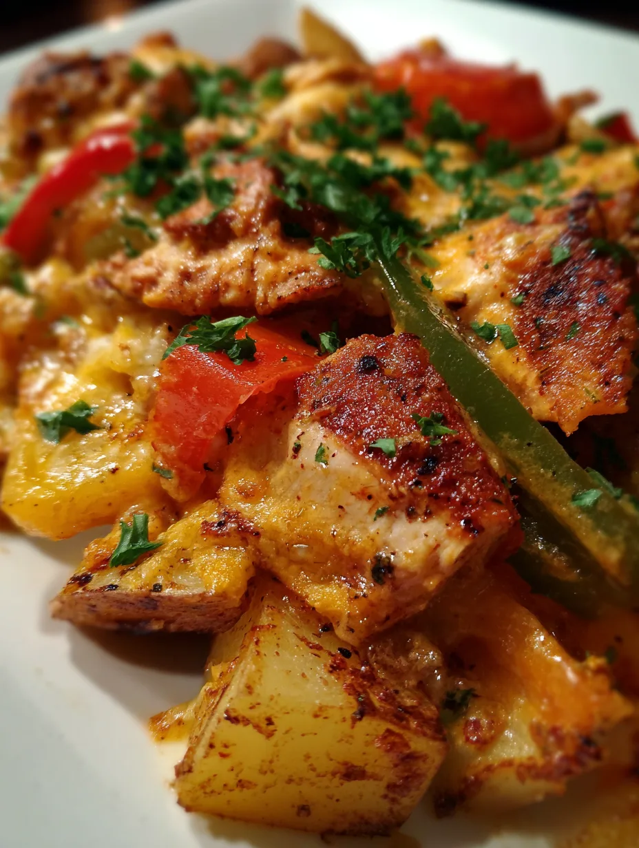 A close-up of the easy one-pot Chicken Fajita Potato Casserole.