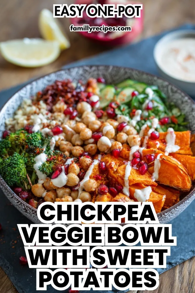 Colorful roast chickpea veggie bowl with sweet potatoes—vegan, filling, and nourishing for family dinners or meal prep.: Chickpea Veggie Bowl