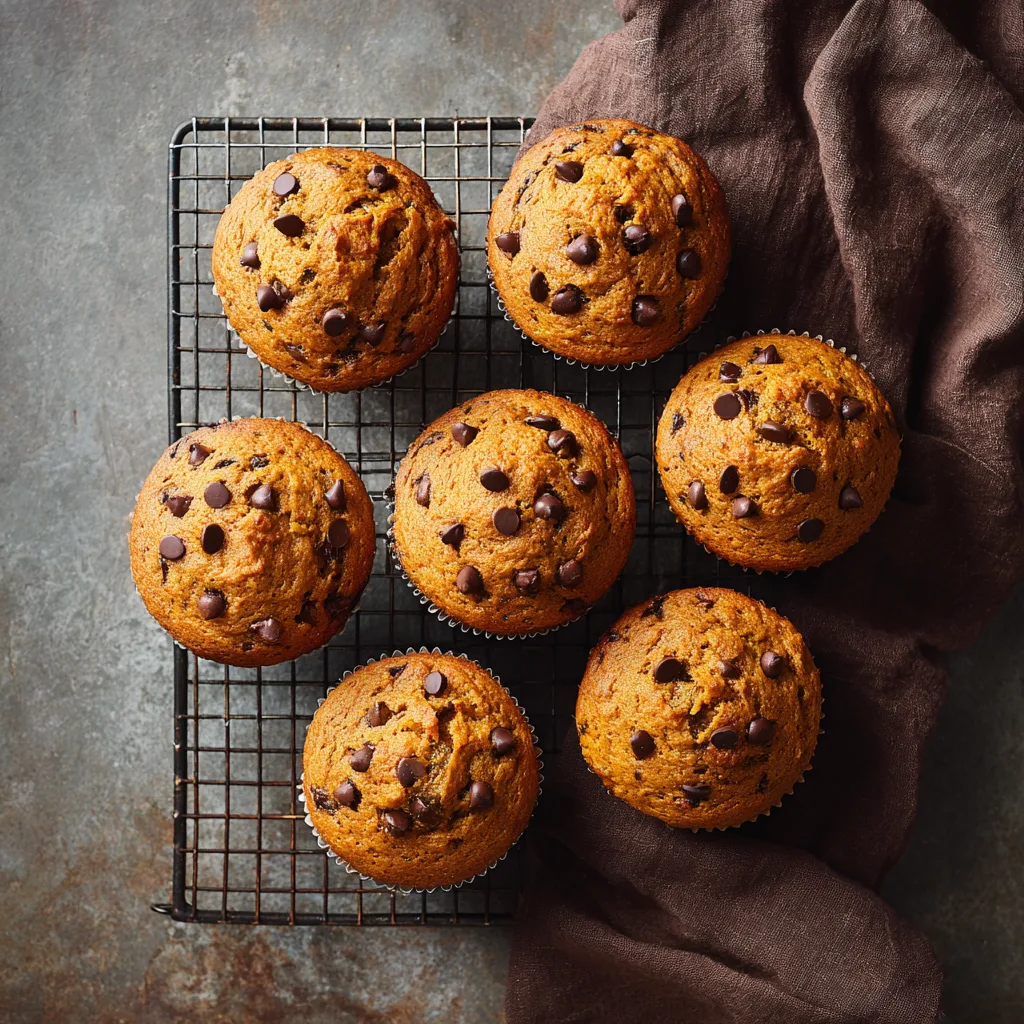 Chocolate chip pumpkin muffins on a cooling rack.