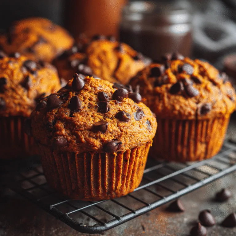 Chocolate chip pumpkin muffins on a cooling rack.