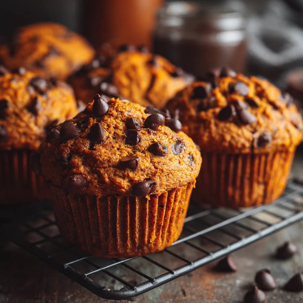 Chocolate chip pumpkin muffins on a cooling rack.