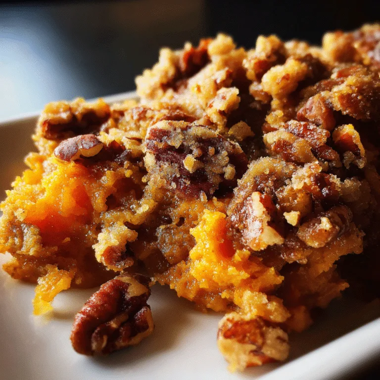 Classic sweet potato casserole with pecan topping in white baking dish, holiday comfort food