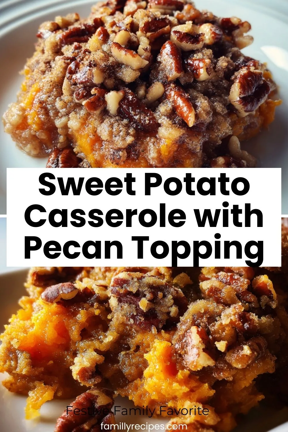 Classic sweet potato casserole with pecan topping in white baking dish, holiday comfort food