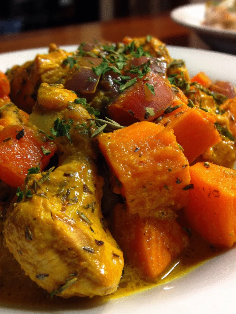 Creamy coconut curry chicken and sweet potatoes, gluten free, one-pot dinner, macro food photography