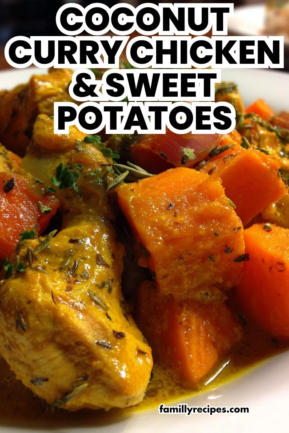 Creamy coconut curry chicken and sweet potatoes, gluten free, one-pot dinner, macro food photography