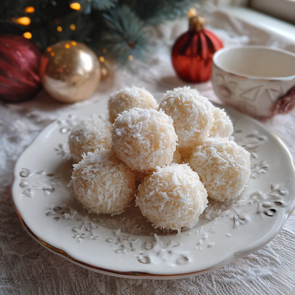 Coconut Protein Snowballs Coconut Protein Snowballs : White coconut snowballs on plate with snowy holiday background.