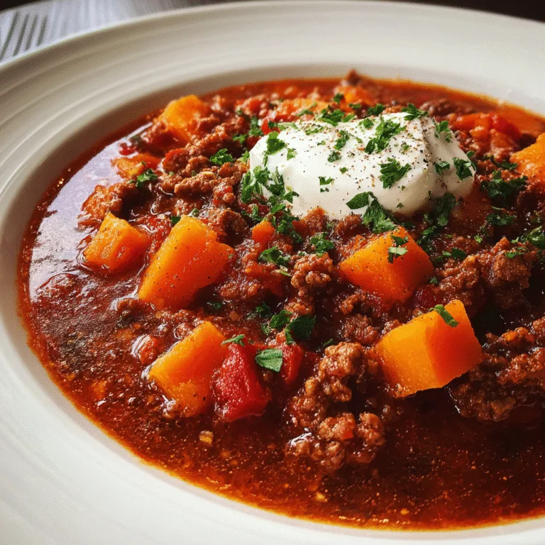 Bowl of cozy winter potato and beef chili with sweet potatoes topped with sour cream