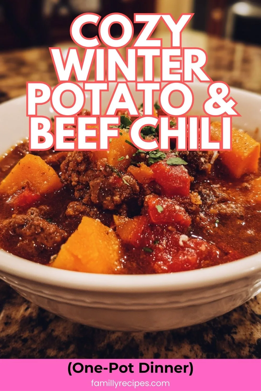 Bowl of cozy winter potato and beef chili with sweet potatoes topped with sour cream
