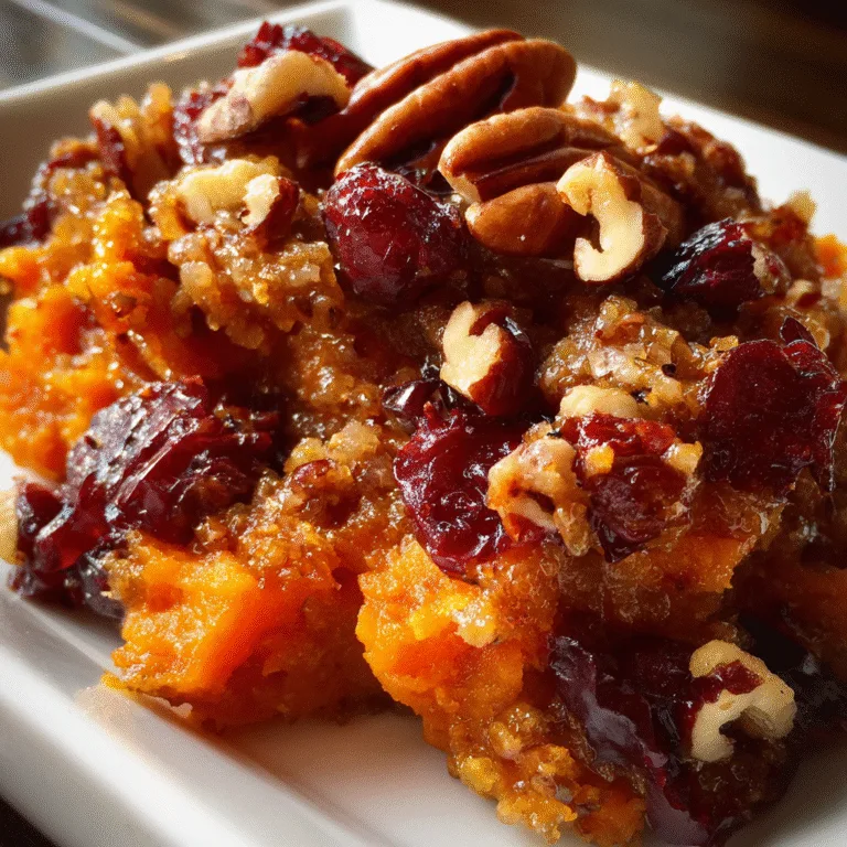 Vegan cranberry pecan sweet potato casserole, maple-sweet, festive, and topped with oat and pecan crumble