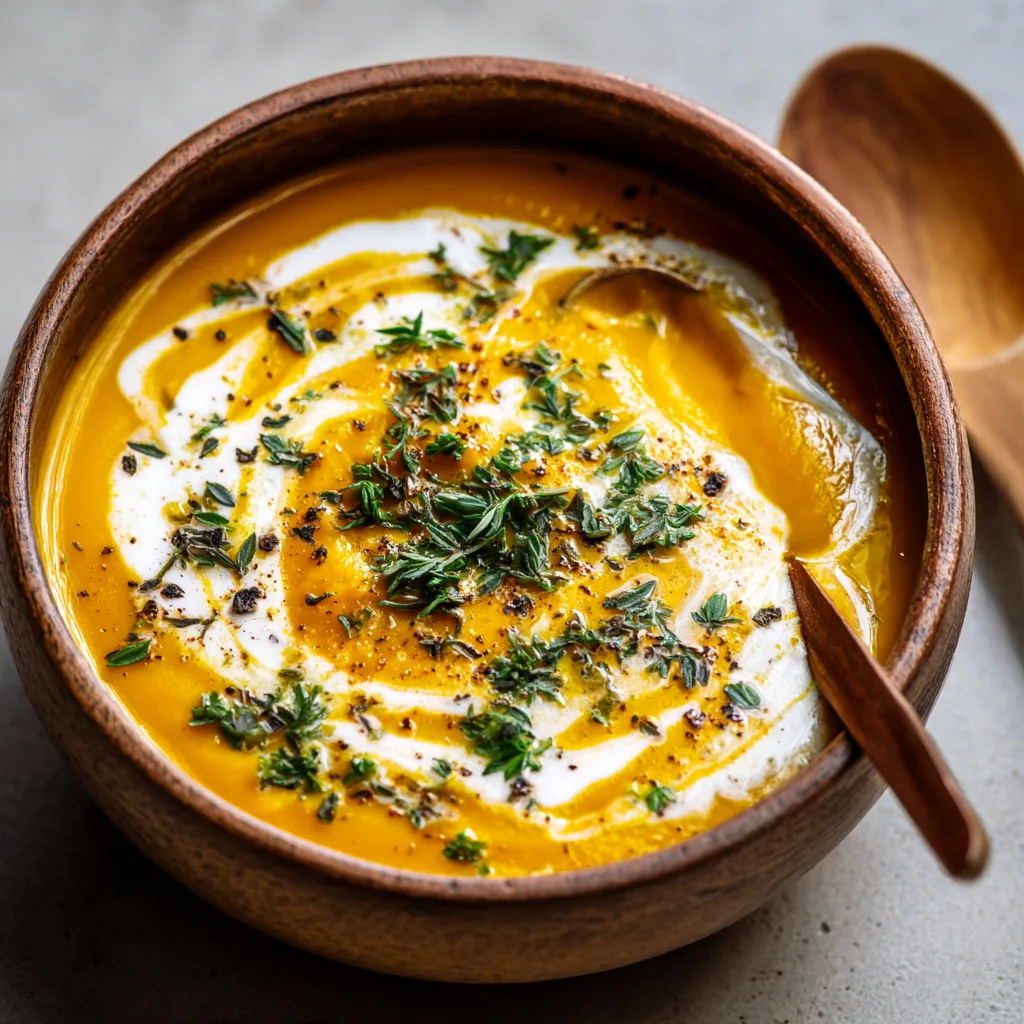 Creamy butternut squash soup in a bowl with herbs and coconut milk drizzle.