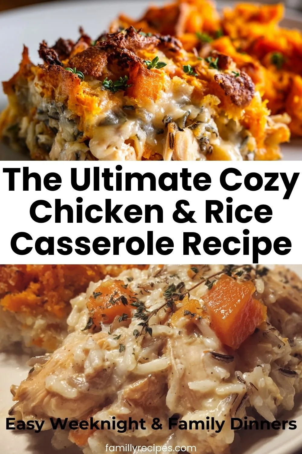 Creamy chicken and wild rice casserole with sweet potatoes and herbs