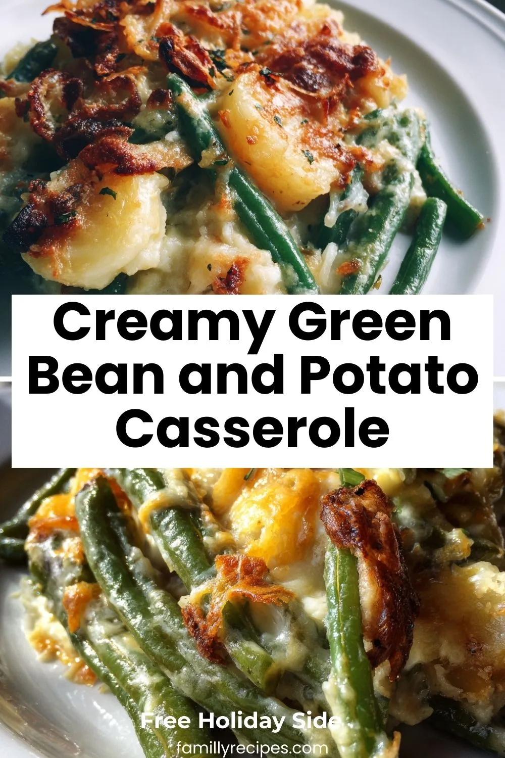 Creamy gluten-free green bean and potato casserole with golden topping, festive holiday side