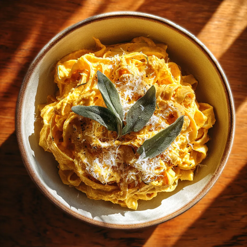 Creamy pumpkin fettuccine topped with Parmesan and sage in a bowl.
