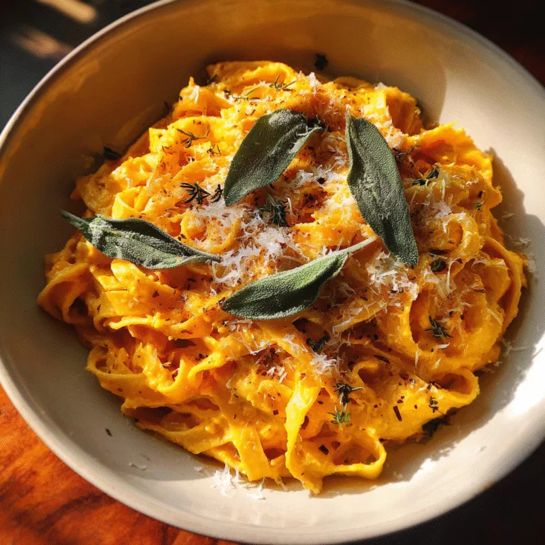 Creamy pumpkin fettuccine topped with Parmesan and sage in a bowl.