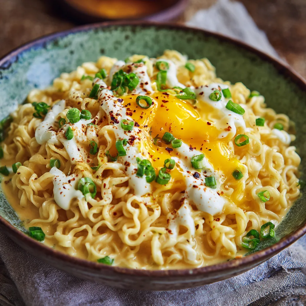 Rich creamy ramen with egg and garlic in a bowl, garnished with green onions on a family dinner table.