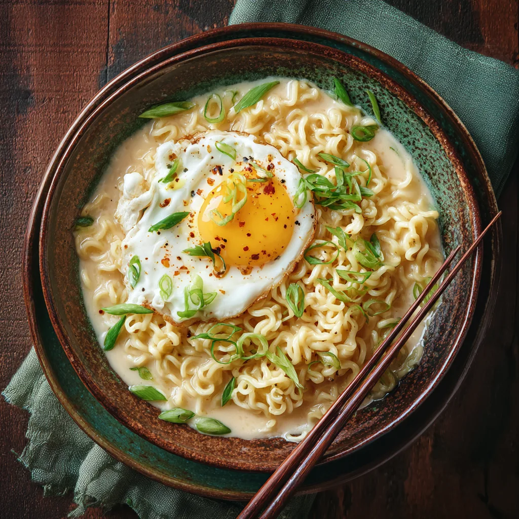 Rich creamy ramen with egg and garlic in a bowl, garnished with green onions on a family dinner table.