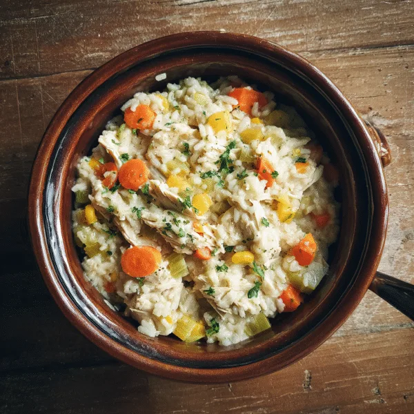 Crockpot chicken and rice casserole in a bowl with vegetables.