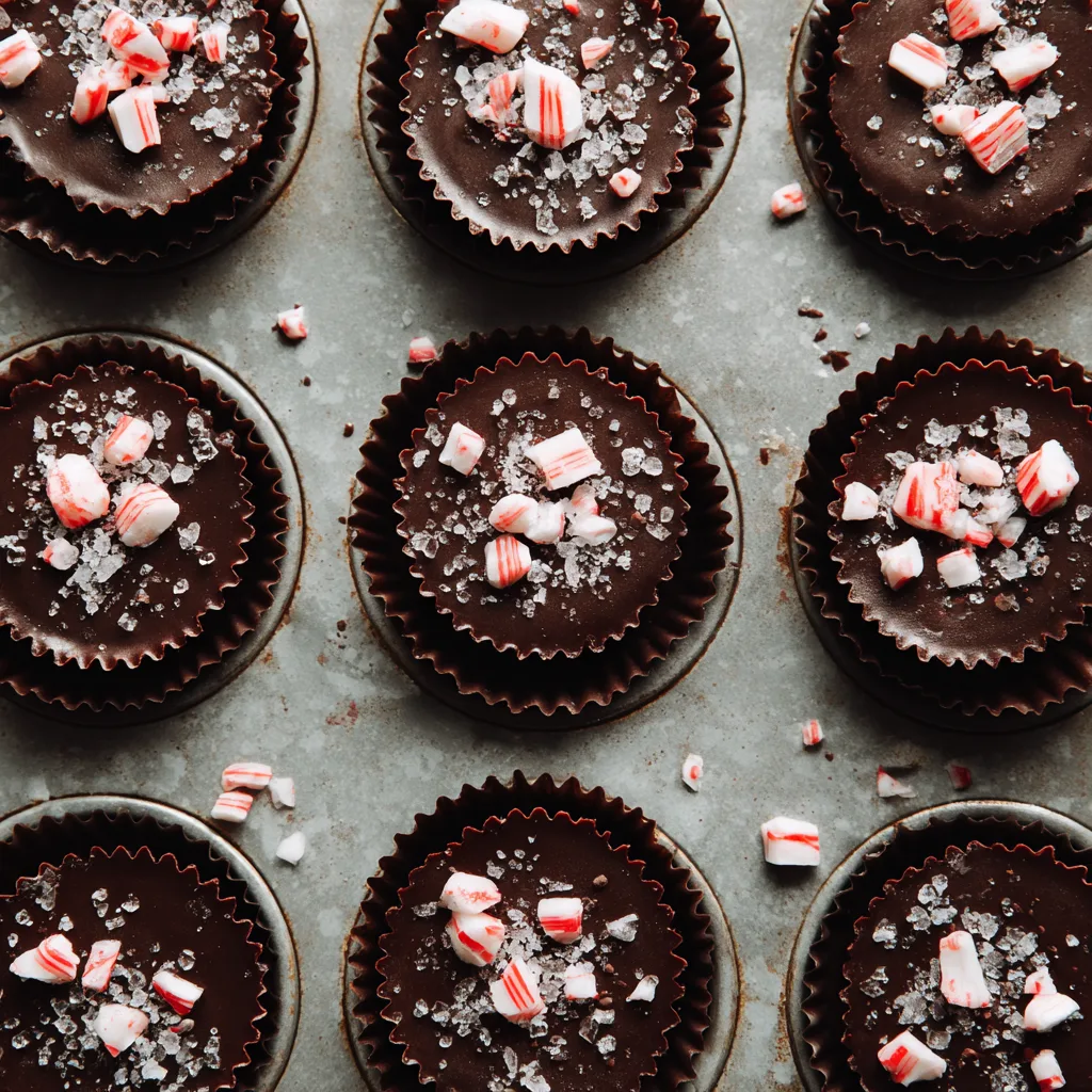 Dark Chocolate Peppermint Bark Bites f Dark chocolate peppermint bark bites in small molds with red candy pieces