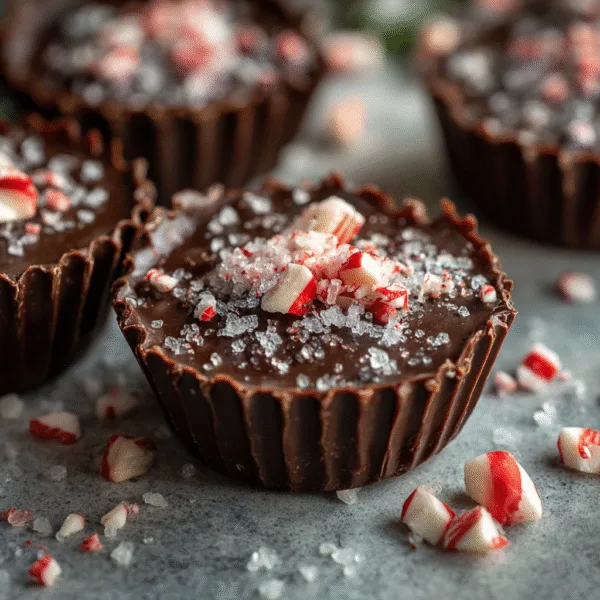 Dark chocolate peppermint bark bites in small molds with red candy pieces