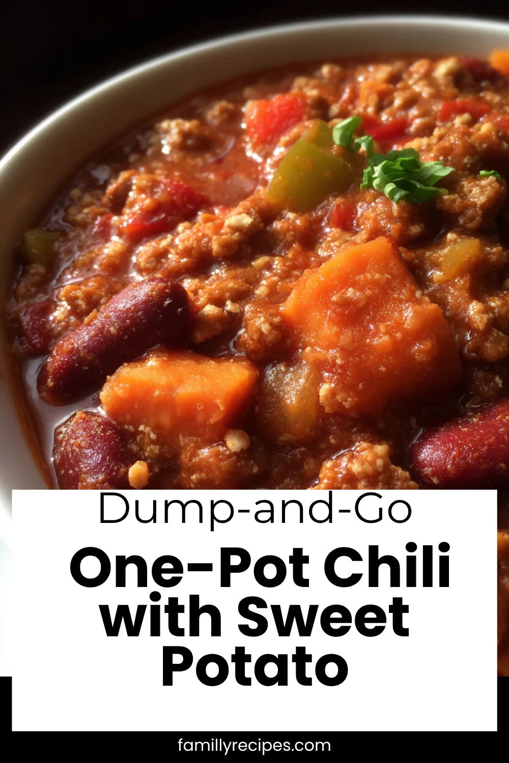 Hearty sweet potato chili with beans and peppers—one pot, cozy meal prep, macro food photo