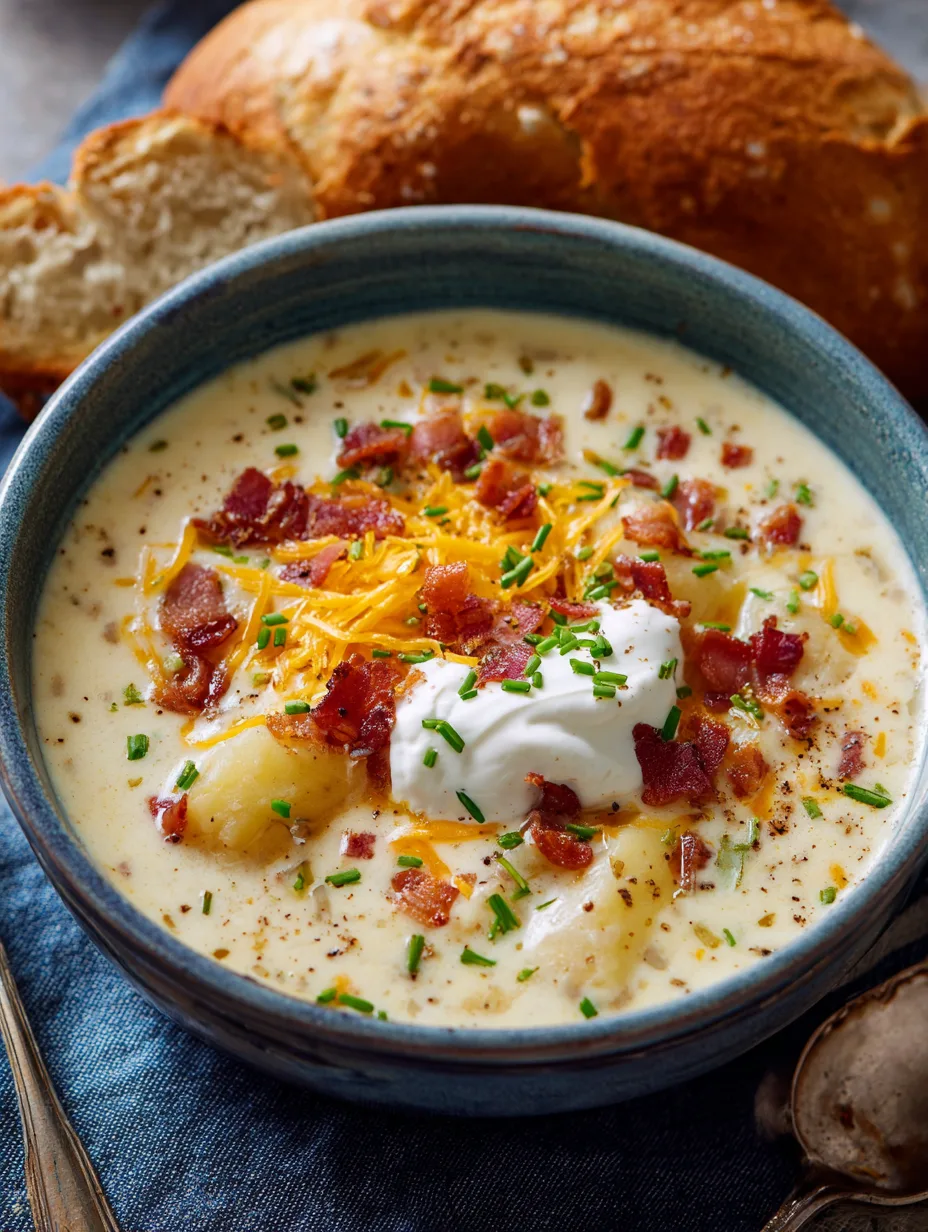 A rustic bowl of creamy Dump-and-Go One-Pot Loaded Potato Soup, garnished generously with bacon, cheddar, and chives.